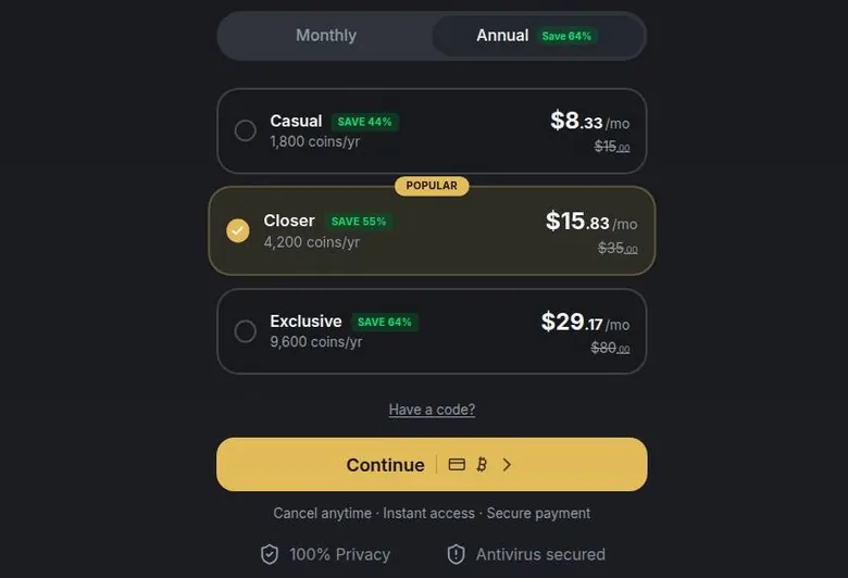 HeyGF pricing page with the annual toggle on and three plan cards showing coins per year