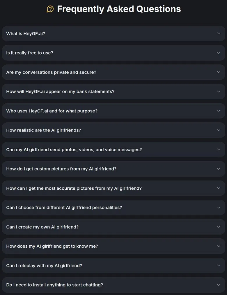 HeyGF FAQ list with collapsed questions about pricing, privacy, billing and features