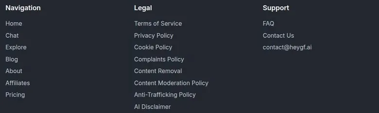 HeyGF site footer with navigation, legal policy links and the support contact