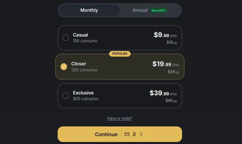 HeyGF monthly pricing with three plan cards and coins per month
