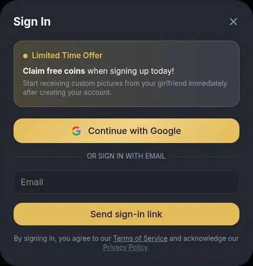 HeyGF sign-in window with a Google button and an e-mail link option