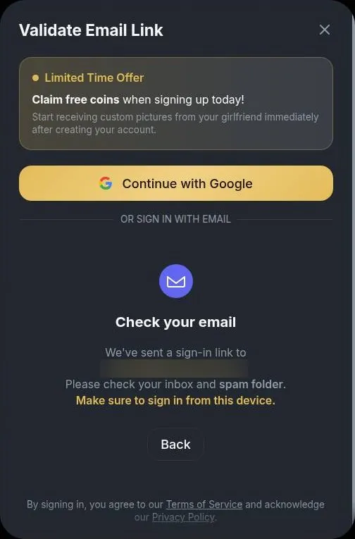HeyGF confirmation window asking to check e-mail for a sign-in link