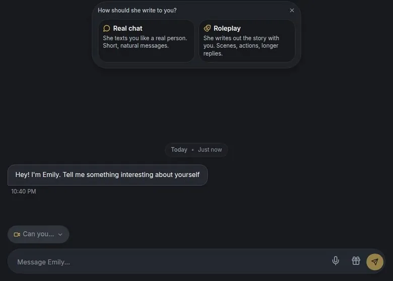 HeyGF chat window with a choice between a texting style and a roleplay style