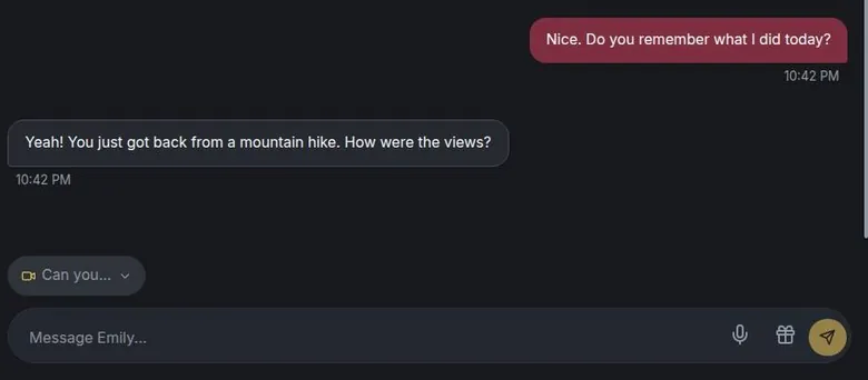 HeyGF chat where the bot recalls an earlier detail about a mountain hike