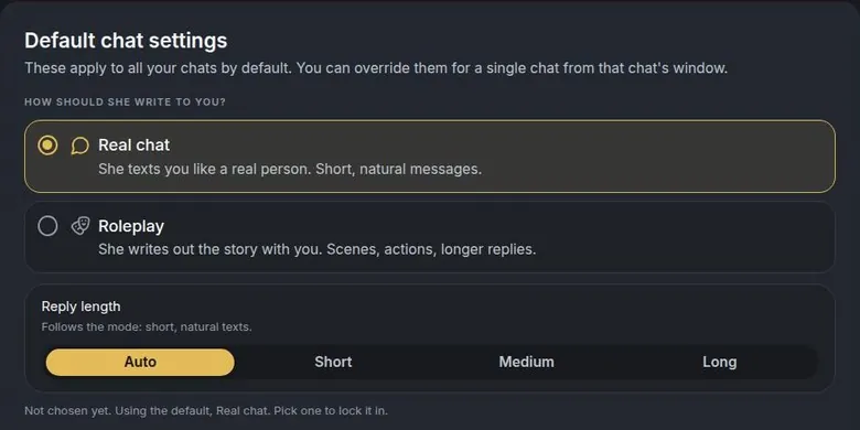 HeyGF default chat settings with texting or roleplay style and reply length options