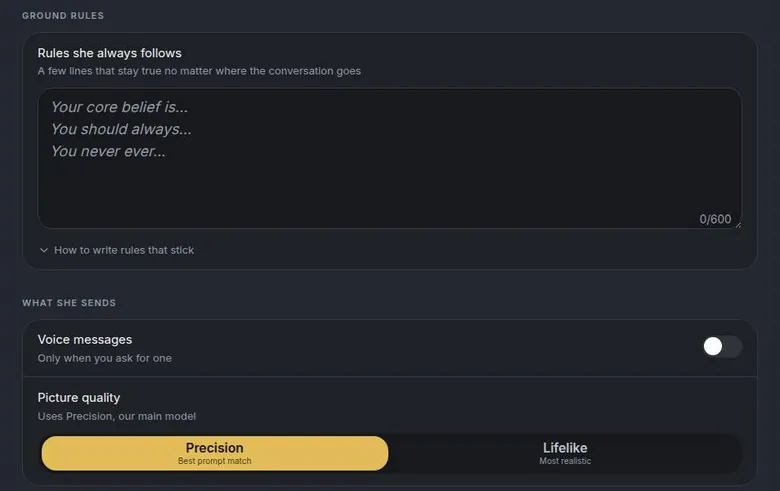 HeyGF settings with a ground rules text box, a voice message switch and picture quality