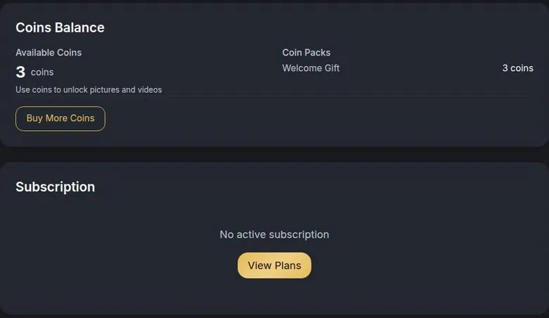 HeyGF settings showing the coin balance, a buy coins button and no active plan
