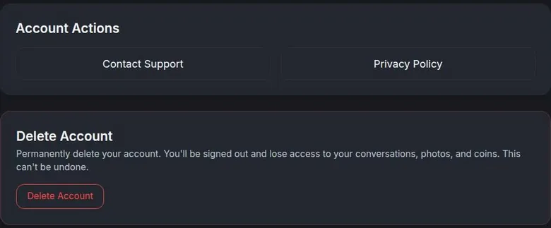 HeyGF settings with contact, privacy and a delete account button