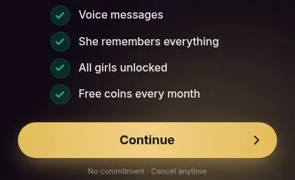HeyGF upgrade window listing plan benefits with a continue button