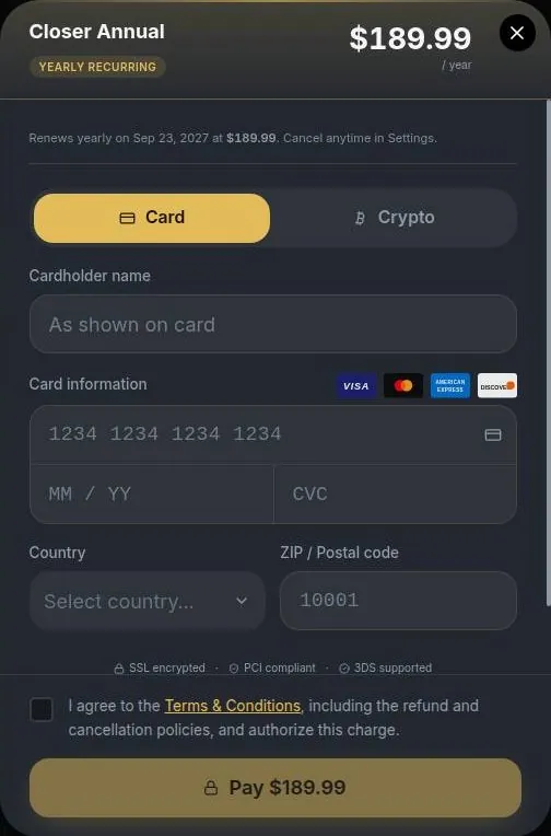 HeyGF checkout window with card and crypto tabs and a yearly renewal note