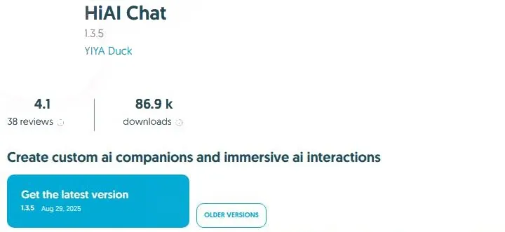 APK mirror page for HiAI Chat showing version 1.3.5, developer YIYA Duck and a download button