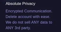 HoneyGF feature card headed Absolute Privacy promising encrypted communication and no data sales