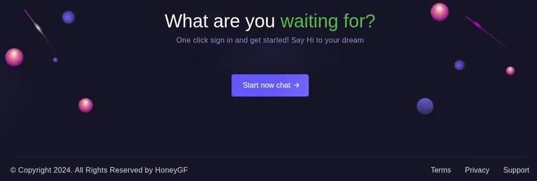 HoneyGF page footer with a Start now chat button, a 2024 copyright line and Terms, Privacy and Support links
