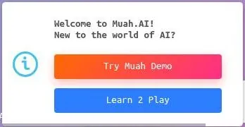 Muah AI welcome pop-up with Try Muah Demo and Learn 2 Play buttons