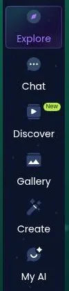 Infatuated AI sidebar menu with Explore, Chat, Discover, Gallery, Create and My AI