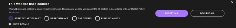Cookie banner with category toggles and Accept all and Decline all buttons