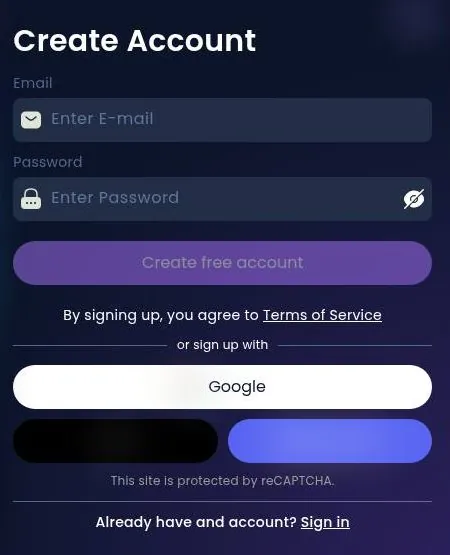 Infatuated AI Create Account form with e-mail, password and Google sign-up options
