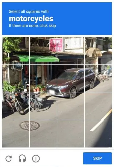reCAPTCHA image puzzle asking to select all squares with motorcycles