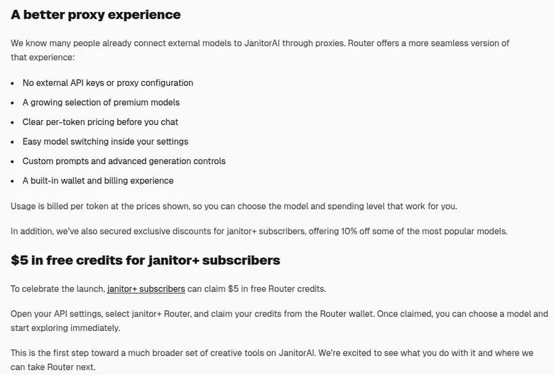 Janitor post listing Router benefits and the launch credits for janitor+ subscribers