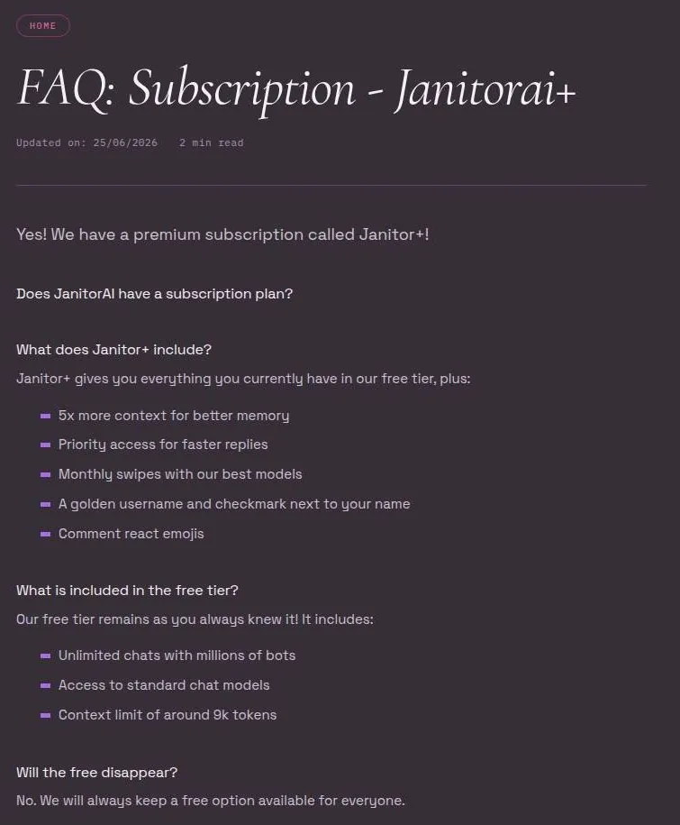 Janitor help FAQ comparing what janitor+ adds with what the free tier includes