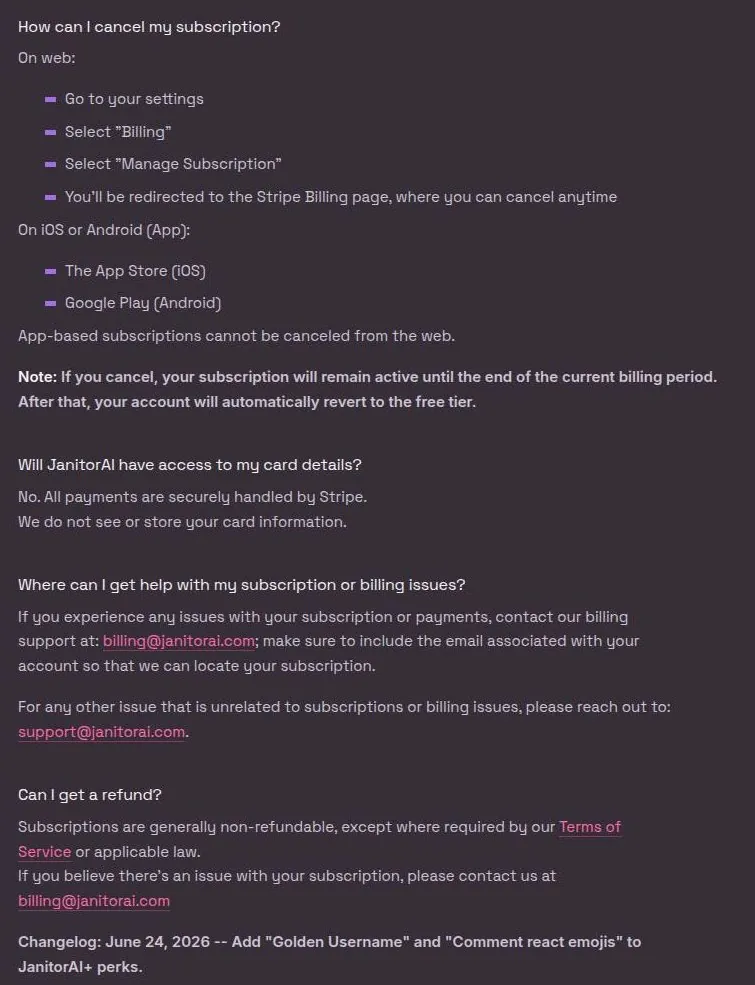 Janitor help FAQ with cancellation steps, billing contact and refund policy