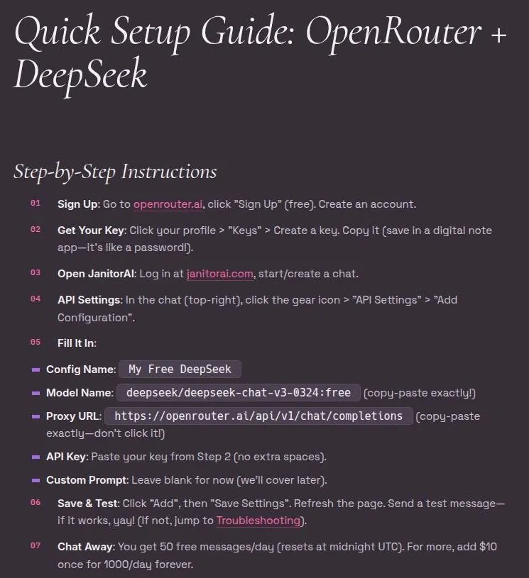 Janitor help article with step-by-step proxy setup for OpenRouter and DeepSeek
