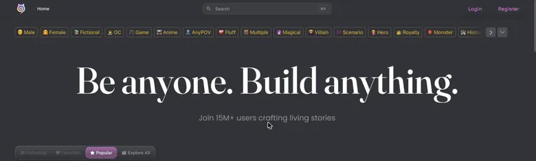 Janitor AI home page with the headline Be anyone. Build anything. and genre filter chips