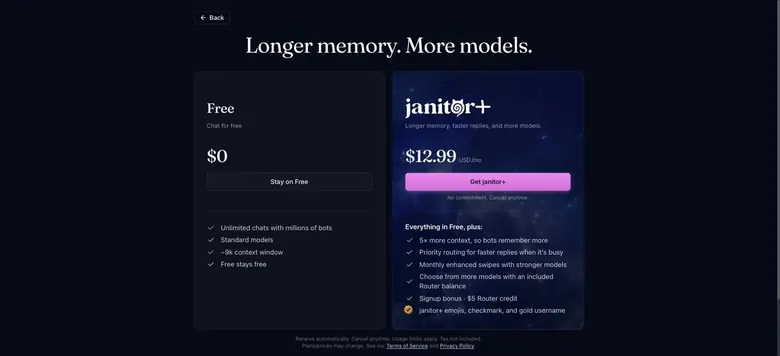 Janitor plan page comparing the Free plan with the janitor+ subscription