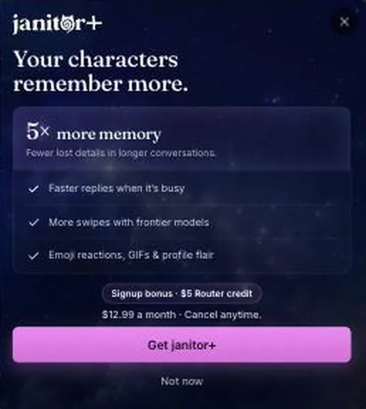 Janitor+ upgrade popup listing more memory, faster replies and more swipes