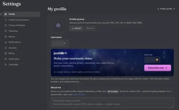 Janitor profile settings with username, profile picture, About me field and a janitor+ box