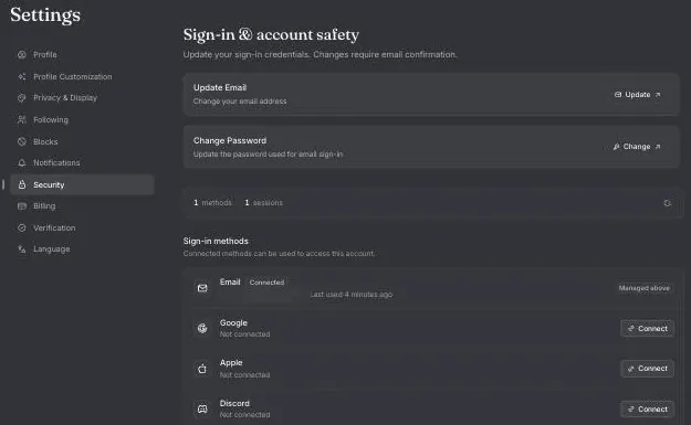 Janitor security settings with e-mail, password and a list of sign-in methods