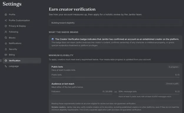 Janitor creator verification page with the badge meaning and eligibility requirements