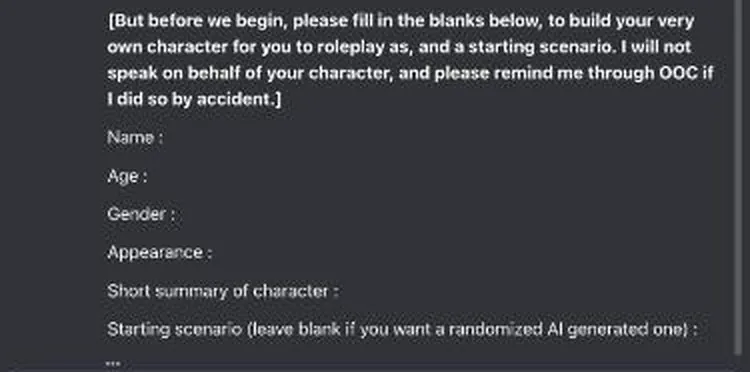 Opening message of a fantasy roleplay bot asking the user to fill in a character sheet