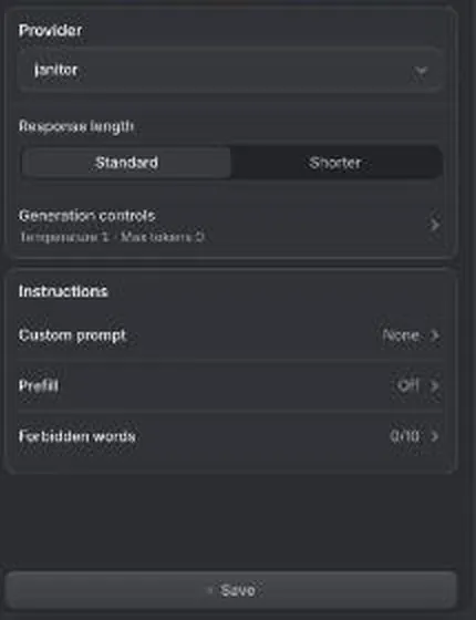 Janitor chat settings panel with provider, response length and instruction options
