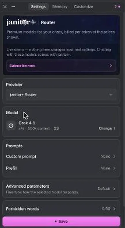 Janitor+ Router settings panel in live demo mode with the default model selected