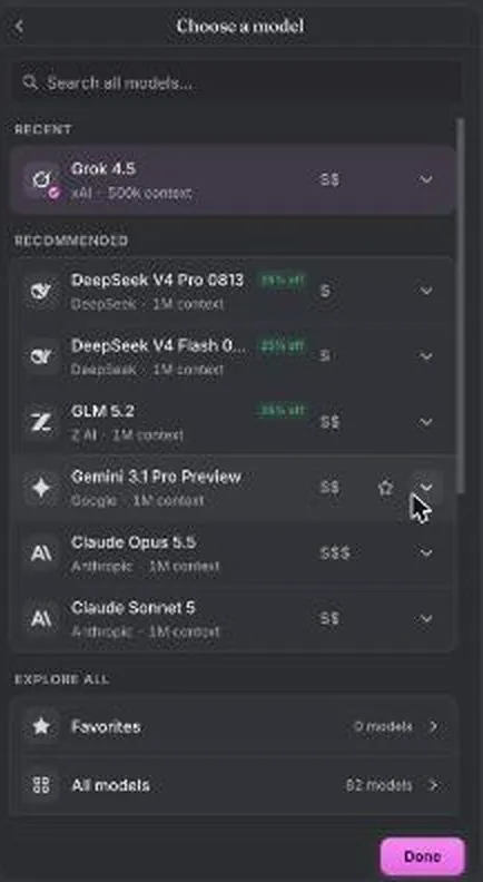 Janitor Router model picker listing recommended models with context sizes and price markers