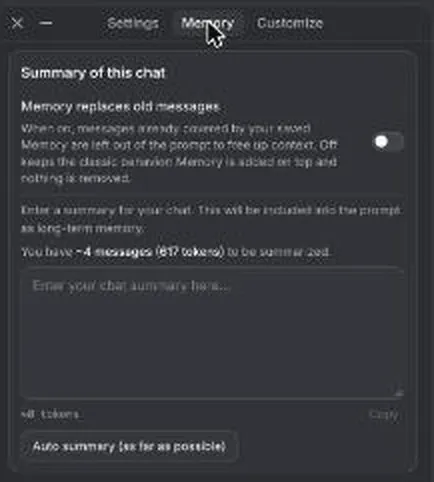 Janitor chat memory panel with a summary box and an auto summary button