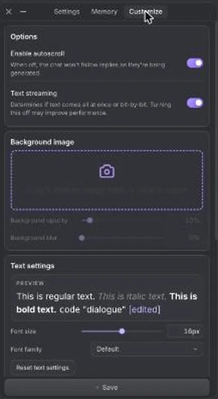 Janitor chat customize panel with autoscroll, streaming, background and font options