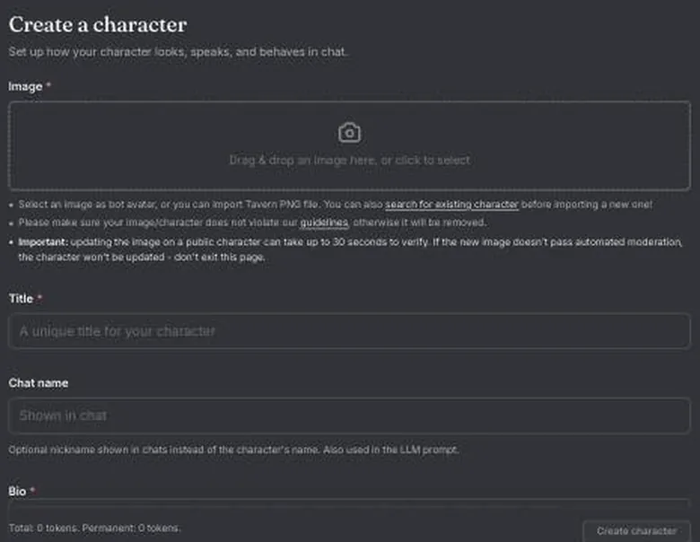 Janitor create a character form with image upload, title, chat name and bio fields