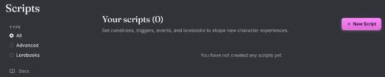 Janitor Scripts page with Advanced and Lorebooks types and a New Script button