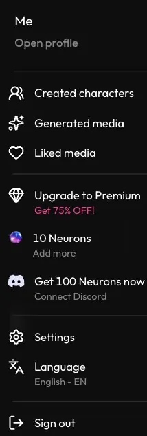 Joi AI account menu with the Neurons balance, a Discord bonus link and an upgrade button