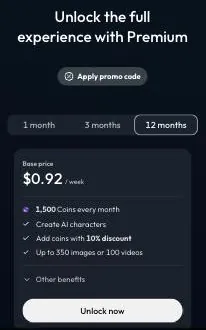Joi AI Premium window with 1, 3 and 12 month tabs and the 12 month plan card