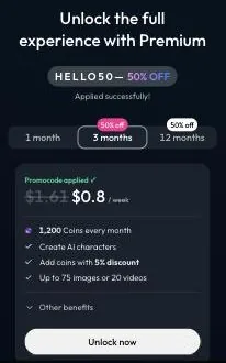 Joi AI Premium window with the HELLO50 promo code applied to the 3 month plan