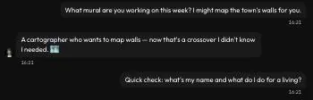 Joi AI chat with a reply about maps and a question testing what the character remembers