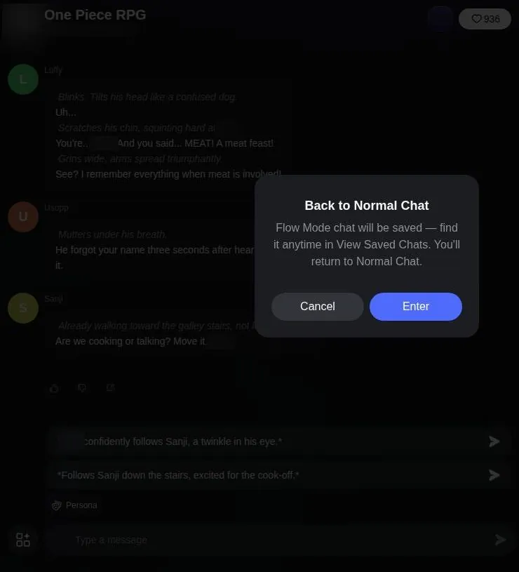 Flow Mode chat recalling earlier details, with a Back to Normal Chat dialog on top