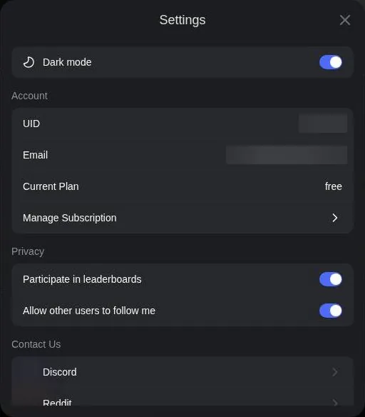 Joyland settings dialog with plan, Manage Subscription and privacy toggles