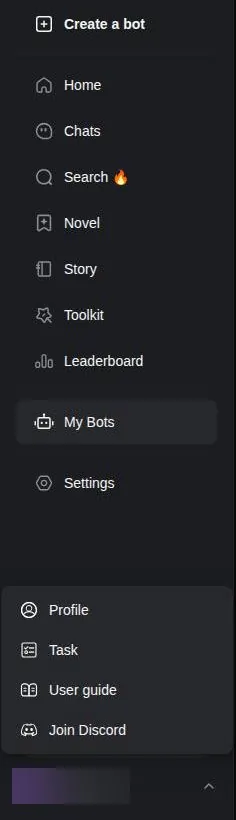 Joyland sidebar with the user menu open showing Profile, Task, User guide and Join Discord