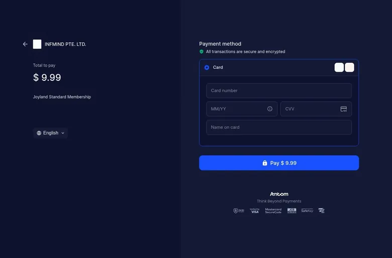 Antom checkout page for Joyland Standard Membership with an empty card form