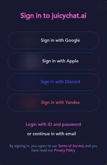 JuicyChat sign-in window with Google, Apple, Discord, Yandex, ID and e-mail options