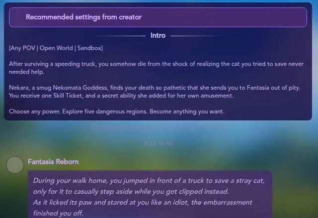 JuicyChat chat page showing a fantasy bot's intro card and first message